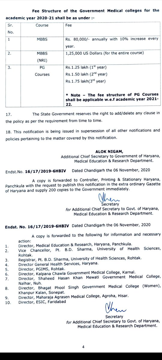 DrJaswantJangra's tweet photo. Official notification of Haryana Govt. says 1800% increase in govt. medical college fees to 10 lakhs per annum. 7 years bond introduced despite thousands of doctors could not get govt. job in past years due to less no. of posts.
Worst medical policy in India till date. https://t.co/QawWxfUoOY