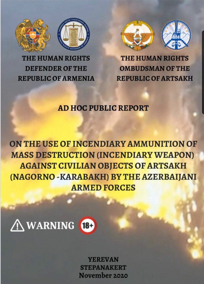 CivilNetTV's tweet image. A joint report (in ENG) by @ArtsakhOmbuds @OmbudsArmenia on the use of incendiary weapons of mass destruction containing chemical elements in #Artsakh by the #Azerbaijani armed forces.

The report contains photos of wounded civilians, displays on map.
 
ombuds.am/images/files/e…