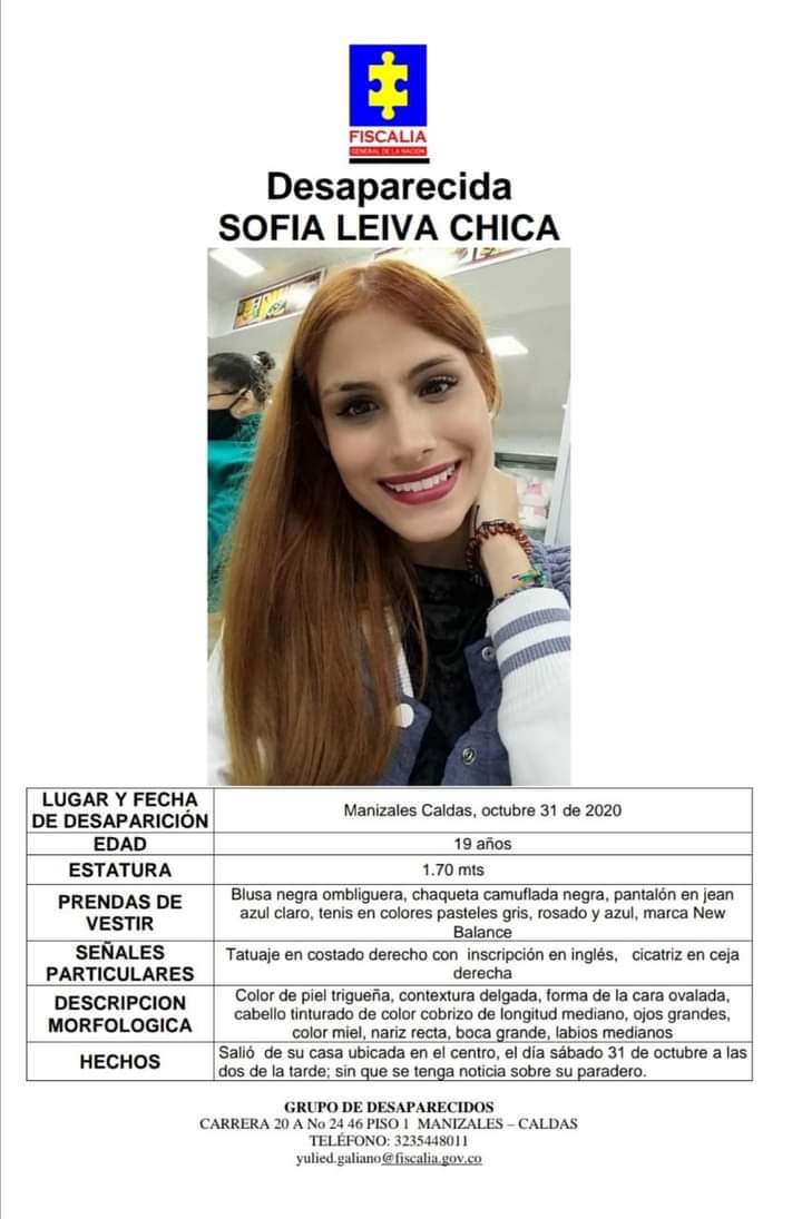 QueLeImportaHP2's tweet photo. Sofia Leiva Chica, desaparecida el 31 de octubre en Manizales.
RT por favor 🙏🏾
#PasionDeGavilanes
Vee #WRadioOverParty
M-19 #WeLoveYouYoongi
#ByeByeTrump #SUGA #SEVENTEEN hobi ICFES
#JusticeForJohnnyDepp
#BuscarlasHastaEncontrarlas https://t.co/ncoFN7KEzW