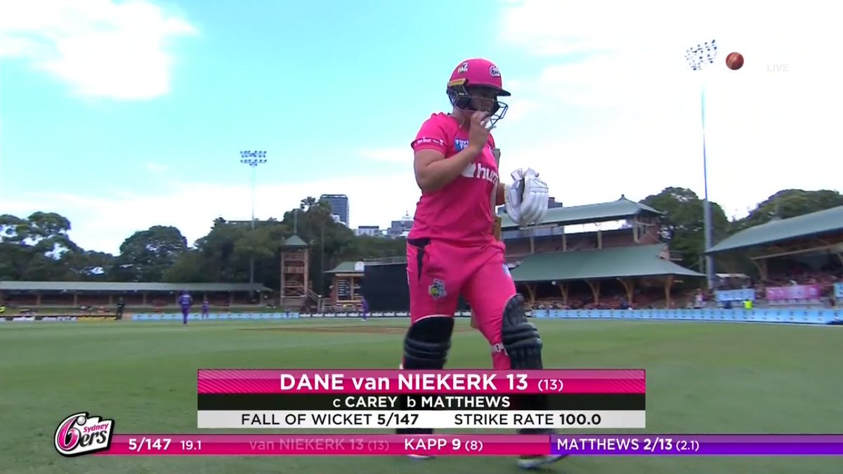 willowtv's tweet photo. Van Niekerk, out Caught by Carey!

#SYSW 147-5 (19.1) 

#WBBL #WBBL06 #WBBL2020 #SydneySixersWomen #HobartHurricanesWomen https://t.co/95Dlxl5bZN