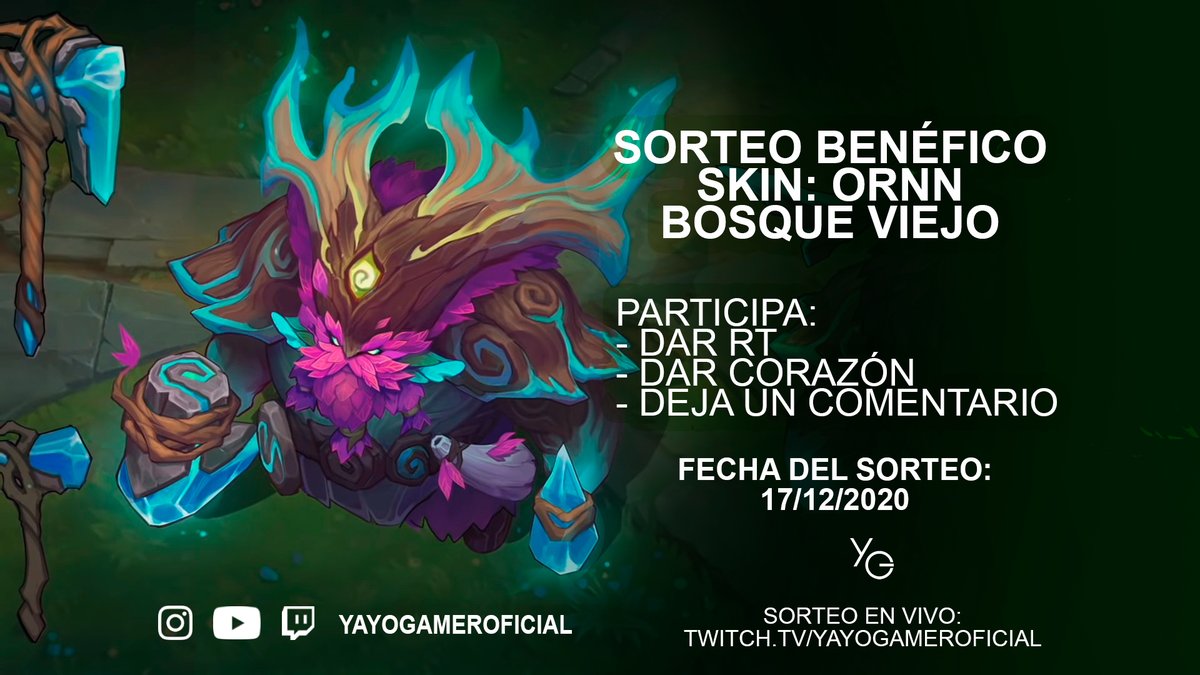 elpibeyayo's tweet photo. ¡SORTEO BENÉFICO!
Hola invocadores, me complace anunciar un sorteo benéfico.
Participa dando RT, corazón y deja un comentario sobre por qué quieres la skin+Nickgame.
Mientras más participantes, más skins de Ornn se sortearán :D
**VALIDO PARA SERVER LAN**
Sorteo: 17/12/2020 https://t.co/GyedkmpjWt