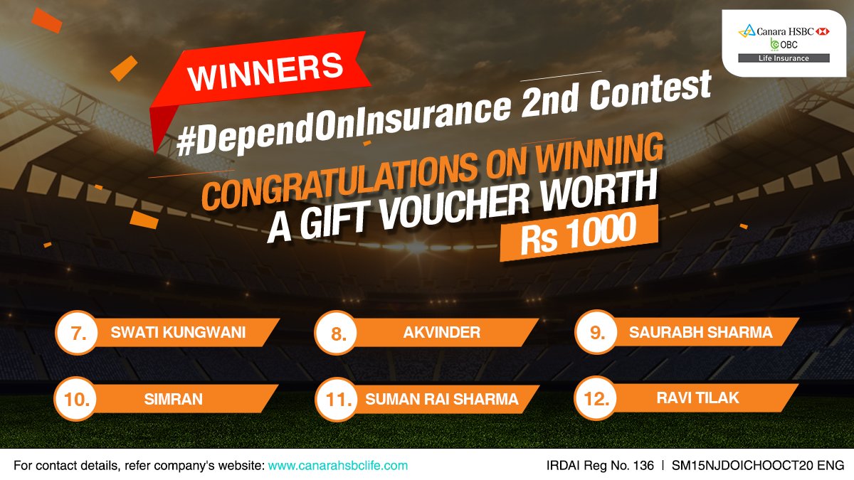 CanaraHSBCLI's tweet photo. Congratulations to the winners of our 2nd #DependOnInsurance contest and thank you, everyone, for participating.
#CanaraHSBCOBCLifeInsurance #contestwinners #contestgiveaway https://t.co/0ZJtRLvcIn