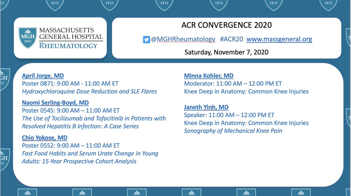 MGH Rheumatology (@mghrheumatology) on Twitter photo Good morning #ACR20! Connect with our #mghrheum fellow and faculty presenters today! Schedule below. <a href="/MGH_ClinEpi/">MGH Rheumatology & Allergy Clin Epi Research</a> <a href="/MGH_MSUS/">MGH Rheumatology MSK Ultrasound Program</a> Good morning #ACR20! Connect with our #mghrheum fellow and faculty presenters today! Schedule below. <a href="/MGH_ClinEpi/">MGH Rheumatology & Allergy Clin Epi Research</a> <a href="/MGH_MSUS/">MGH Rheumatology MSK Ultrasound Program</a>