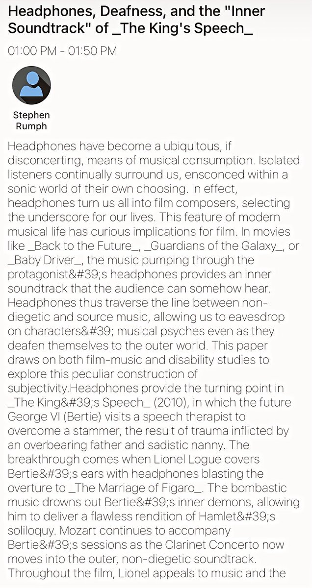 amssmtdismus's tweet photo. Paper Highlight #AMSMT20 Day 1 (11/07/2020):

(AMS) 1:00-1:50PM CT @ Webinar 4: EMOTION AND MEANING IN FILM MUSIC panel

“Headphones, Deafness, and the ‘Inner Soundtrack’ of _The King’s Speech_” by Dr. Stephen Rumph (abstract attached) #dismus https://t.co/CHRMKalpU0