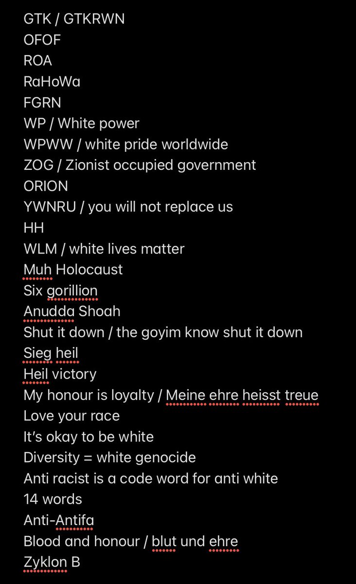 Some yt supremacyst acronyms and phrases, in screenshot form so they can’t find this in search