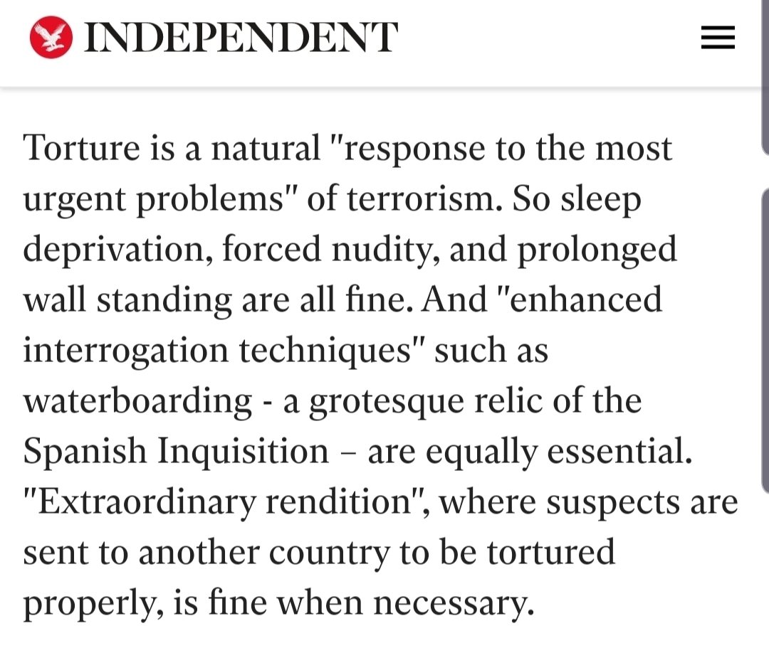 In fact in his book, it appears he is even more explicit about what forms of torture are okay e.g. sleep deprivation, forced nudity, prolonged wall standing, waterboardingAnd apparently for him, so is extraordinary rendition https://www.independent.co.uk/arts-entertainment/books/reviews/justice-and-enemy-william-shawcross-7545608.html