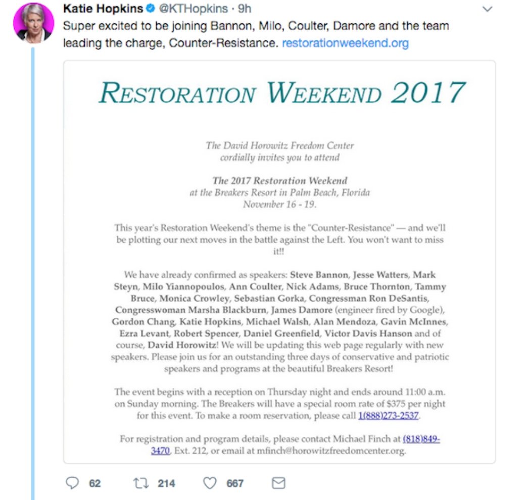 ICYMI: Mendoza, Founder & Executive Director of The Henry Jackson Society, is here speaking alongside Coulter, Milo, Robert Spencer & Katie Hopkins - what great company!