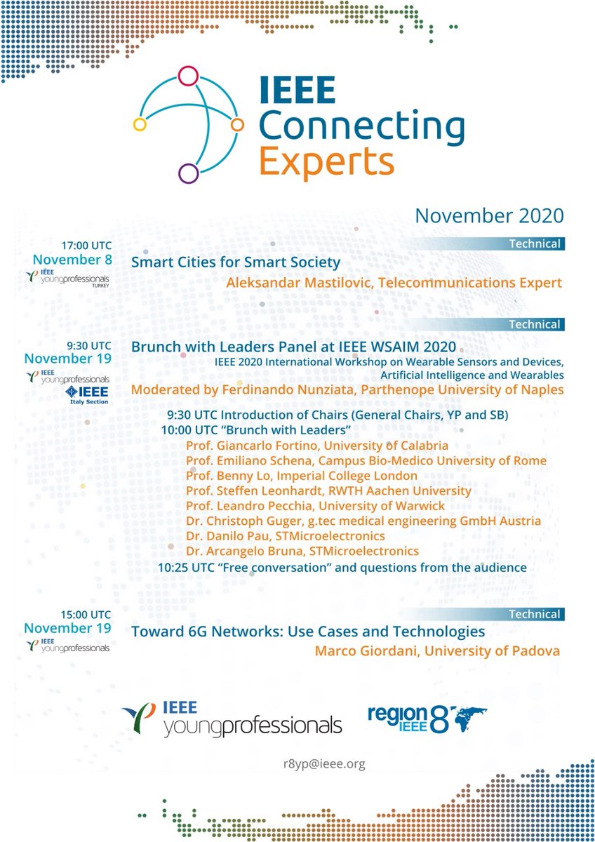 Region8YP's tweet photo. IEEE #ConnectingExperts webinars by IEEE Young Professionals - November 2020 📡📡
Thanks to other IEEE organizational units: IEEE YP Turkey, IEEE YP Italy and IEEE R8 Entrepreneurship Initiative.
#IEEER8 #technology #SmartCities #Wearable #6G #entrepreneurship #ProfessionalSkills https://t.co/1xf6Zc8XNS