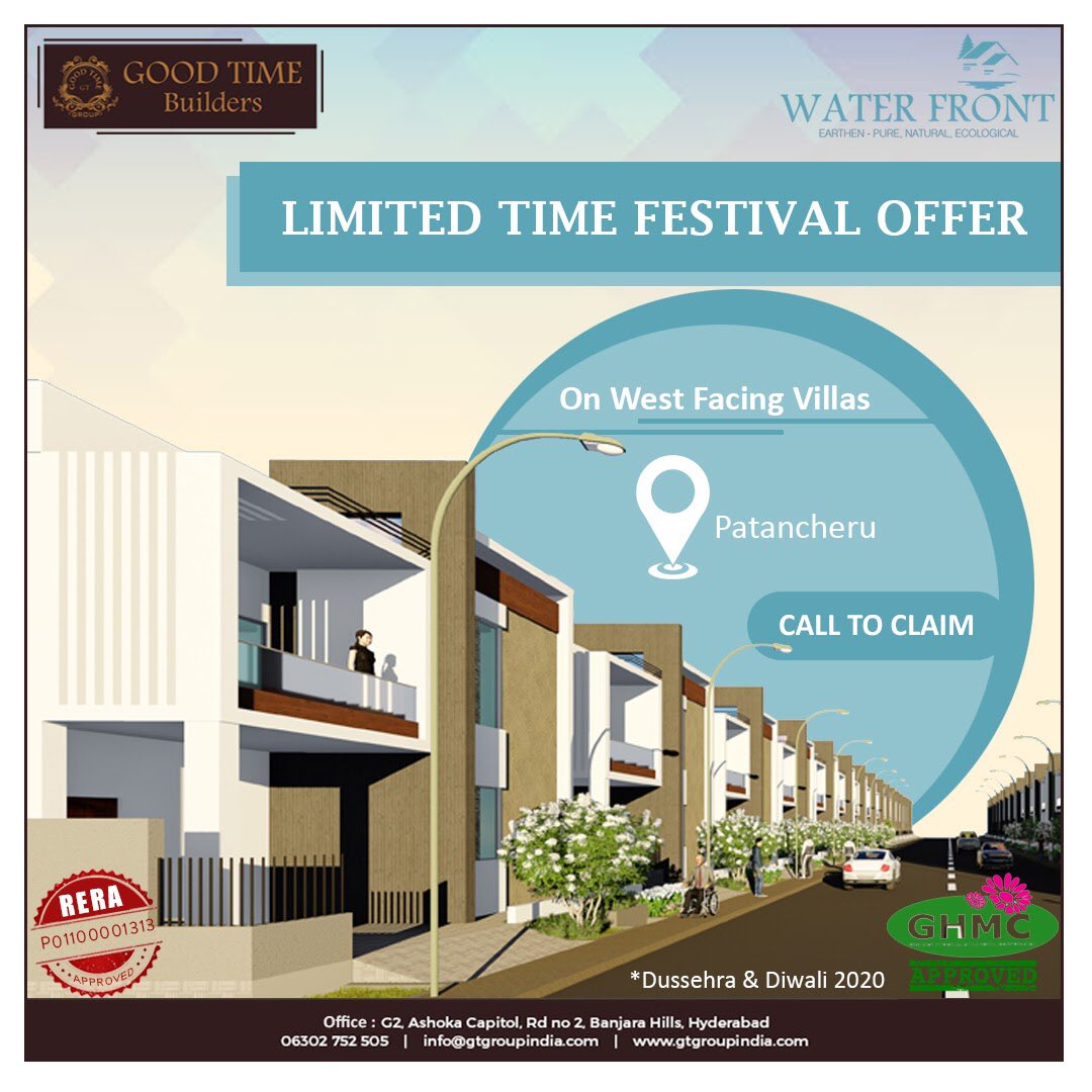 DevelopersGood's tweet photo. Welcome a New Lavish Life With Open Hands at Waterfront Villas at Patancheru. A Great and Exciting Offer is on Your Way This Festival. Register to Claim Now!
Visit Patancheru and Book a Villa Now!
#diwalioffer #offersale #patancheru #waterfrontvillas #goodtimebuilders https://t.co/sBep4QabWu