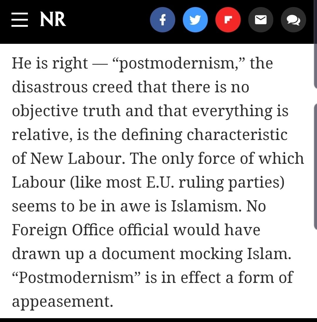 Back to Shawcross himself rather than those he associates with, and even thanks for shaping his views...See here for him being upset that Foreign Office officials are not mocking Islam. That's how I see the quote below - judge for yourself https://www.nationalreview.com/corner/britains-humiliation-william-shawcross/