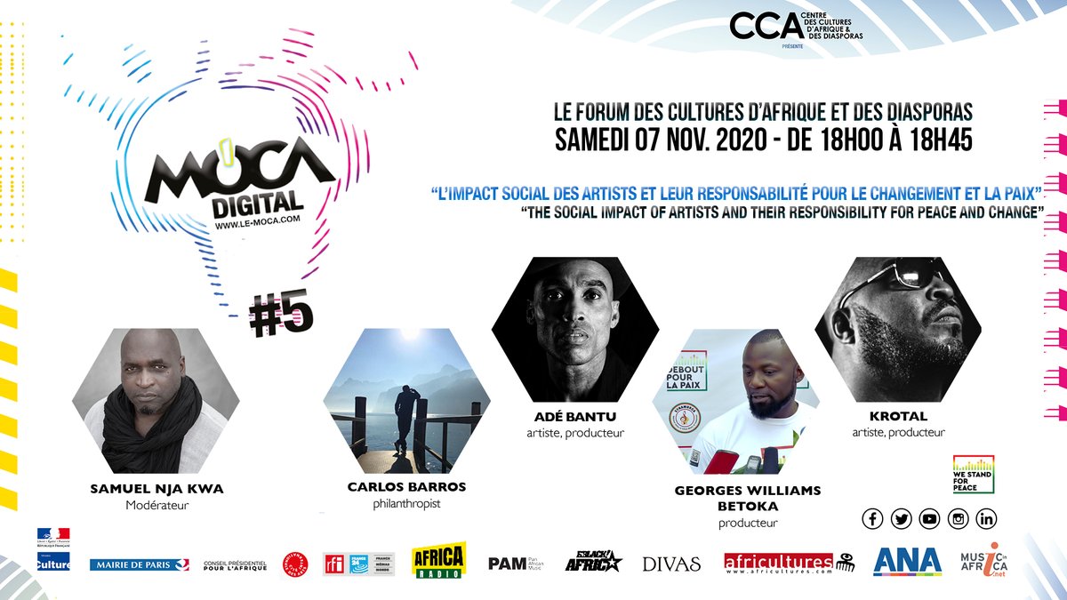 Participez au Forum des Cultures d'Afrique et des Diasporas #MOCA ce soir à 18h pour écouter les échanges sur le thème "L'impact social des artistes et leur résponsabilité pour le changement et la #paix". Cliquez ici >> youtu.be/NQNZZIdE1L8 #DeboutPourLaPaix #WeStandForPeace