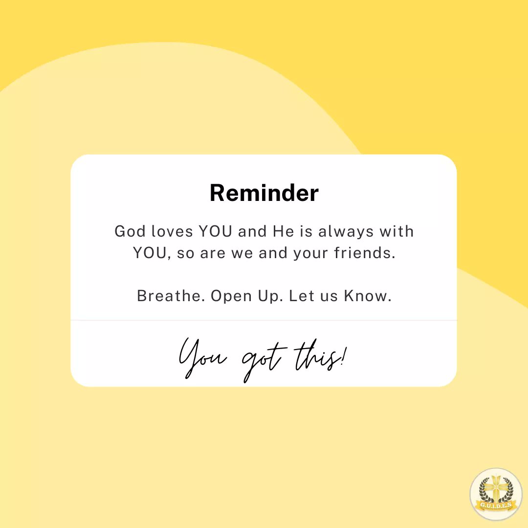 _GodGUIDES's tweet photo. Hey! How are you, really?

This post is a reminder for you that:
- God CARES
- We CARE
- Your friends CARE
- Someone CARES

So, Breathe. Open Up. Let Us Know.
YOU GOT THIS 💛 https://t.co/NIcEJRDNuQ