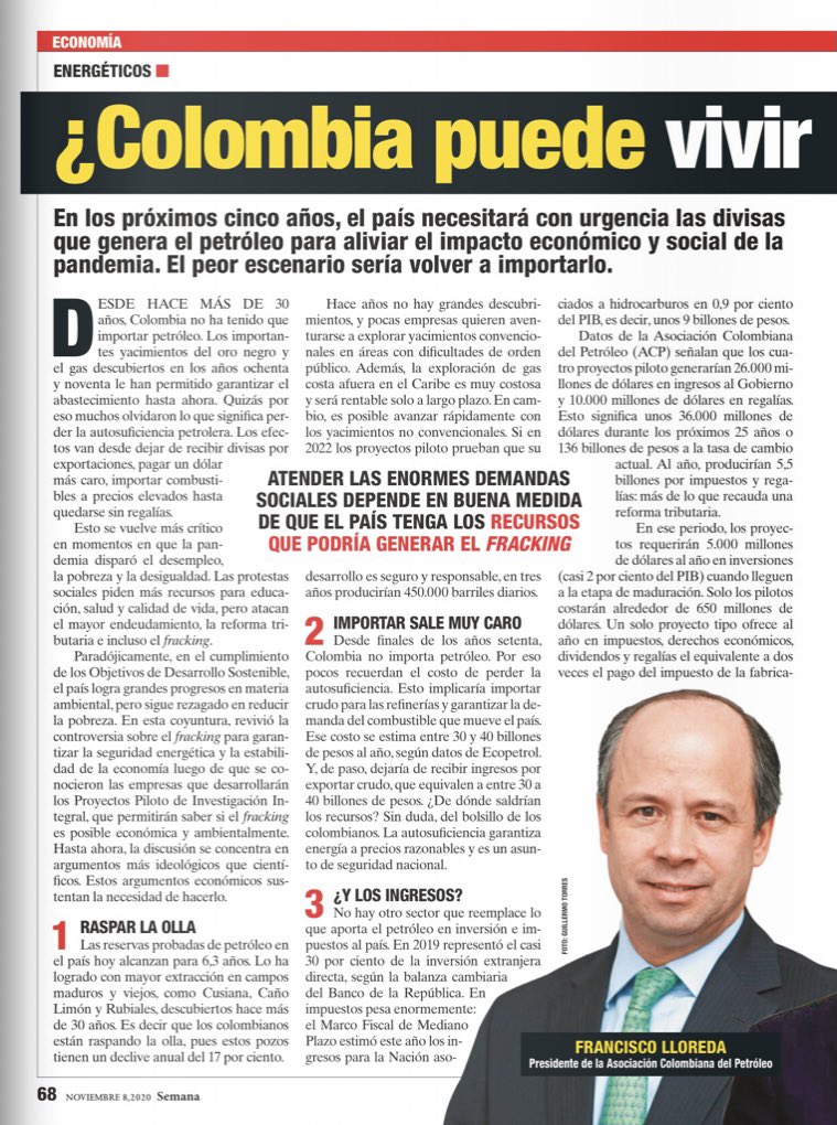 Mauriciotellez's tweet photo. Colombia require #Fracking para su reactivación, tener gas nacional para 30 millones y hacer transición energética. Lo peor para nuestros hijos sería volver a importar petróleo como hace 40 años. Cifras son contundentes y pilotos mostrarán que se puede hacer bien. @RevistaSemana https://t.co/mfWqr79wXh