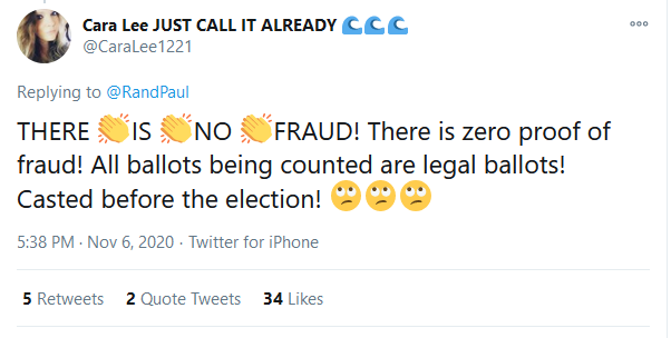 Just to capture the "No evidence" mistake being made: people are saying that there's no fraud, and then that there's no evidence of fraud as if those are the same thing. Saying "No evidence" is itself a mistake, because on any particular question there's evidence both ways.  https://twitter.com/CaraLee1221/status/1324753084073996288