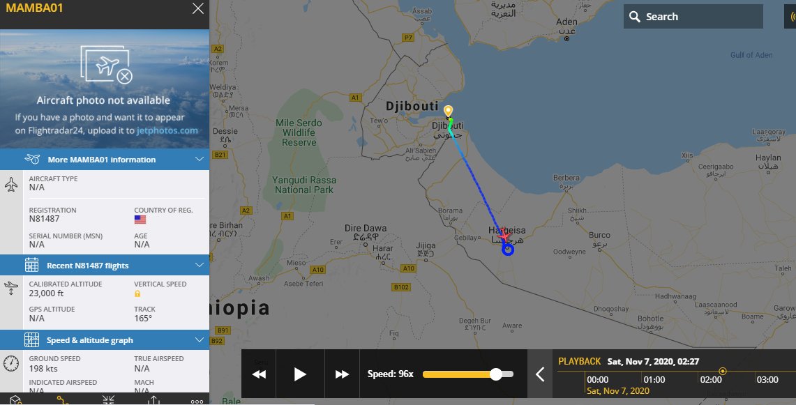 5472_nde's tweet photo. Update 0200z 7th November: 1300282 #USArmy MC12S-3 #EMARSS departed Djibouti using callsign MAMBA01. Travelled to Hargeisa and then returned. https://t.co/ecDS4TJpRs