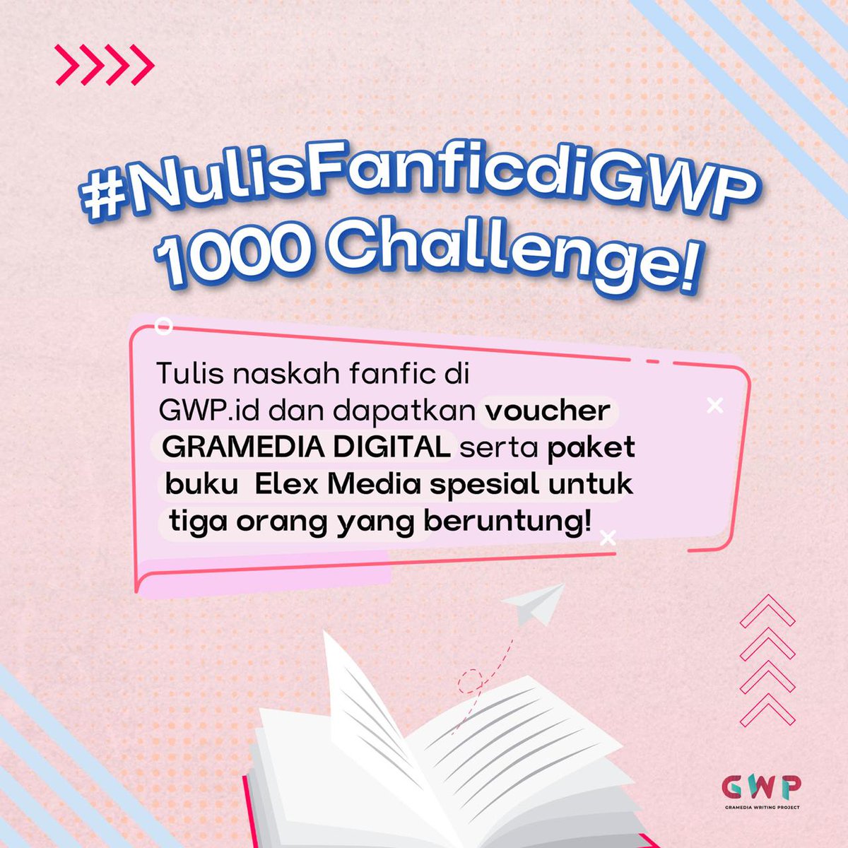 GWP_ID's tweet photo. CHALLENGE TIME!📢📢

Yuk ikutan #NulisFanficdiGWP 1000 challenge di GWP! Banyak hadiah spesial yang sudah kami siapkan untuk kamu yang beruntung. 

#GWP #GramediaWritingProject #NulisFanficdiGWP #Fanfic #Challenge https://t.co/5hmrOUYM0V