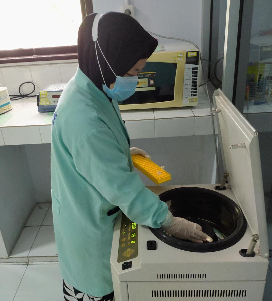 BPPMHKPMakassar's tweet photo. Analis molekuler melakukan pengujian virus dengan parameter uji TSV, YHV/GAV dan IMNV, CMNV pada tahapan proses ekstraksi RNA menggunakan RNA extraction  kit pada target Media Pembawa Benur Udang Vannamei (Ruang uji molekuler....Sabtu, 07 November 2020).
#OneHealthKIPM https://t.co/qiQ8zo4tSt