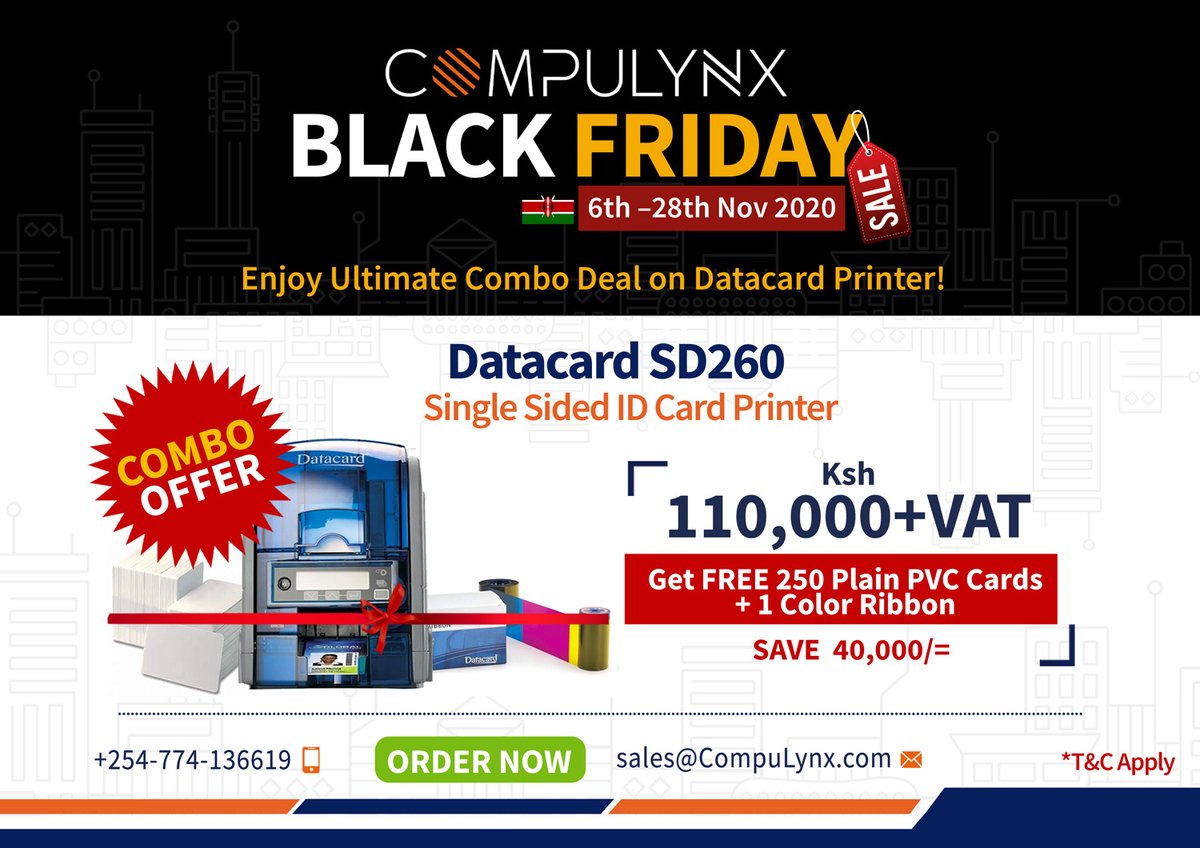 CompulynxLtd's tweet photo. Get your #BlackFriday Best Offers of the Year on #DatacardPrinters
Buy #Datacard SD260 Card Printer and ๐๐๐ญ ๐
๐๐๐ ๐๐๐ ๐ฃ๐น๐ฎ๐ถ๐ป ๐ฃ๐ฉ๐ ๐๐ฎ๐ฟ๐ฑ๐ ๐ฎ๐ป๐ฑ ๐ญ ๐๐ผ๐น๐ผ๐๐ฟ ๐ฅ๐ถ๐ฏ๐ฏ๐ผ๐ป. Order Now! https://t.co/O5HCfqdz8E
#Universities #NGOs #Insurance #Banks #Retail https://t.co/k3bZ7HDmYa