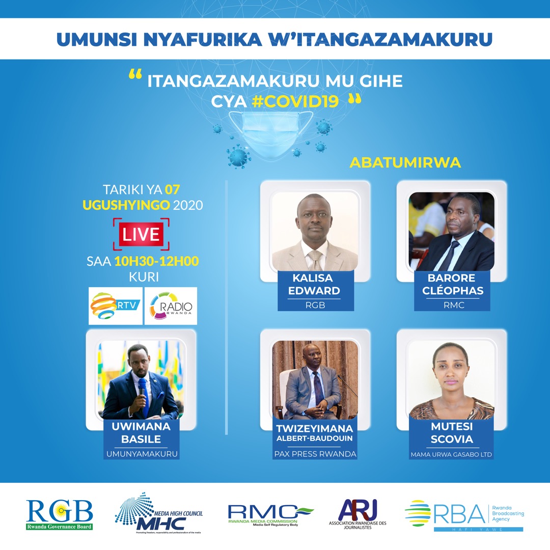 Radiorwanda_RBA's tweet photo. Itangazamakuru rifite uruhe ruhare mu rugamba rwo kurwanya #COVID19? Ese itangazamakuru ryo rihagaze gute?

Dusangire Ijambo 10h30-12h00 kuri @rbarwanda @BasileUwimana 
#Rwanda #AID2020 @GovernanceRw @ARJ_Rwanda @RMC_Rwanda @RwandaMedia #Africa https://t.co/taHpe6pR0R
