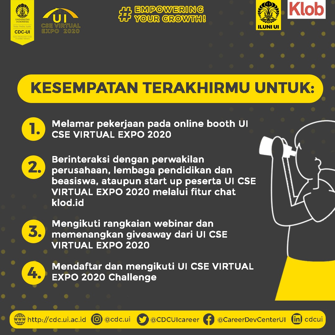 INFO GIVE AWAY*

Ada 3 kelompok give away:

*1. PEMBUKAAN*

 _Narasi:_ 

Mari jadi bagian dalam kemeriahan UI Career, Scholarship &amp; Entrepreneurship Virtual Expo 2020. Daftarkan diri Anda di tautan bit.ly/PembukaanUICSE… dan dapatkan kesempatan untuk memenangkan give away paket