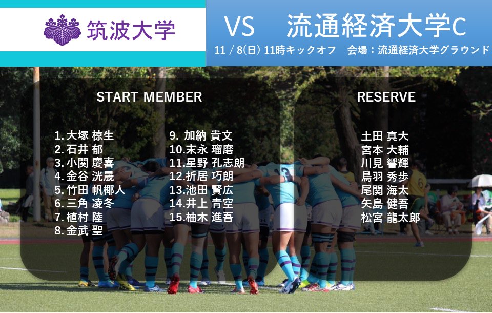筑波大学ラグビー部 練習試合 流通経済大学戦メンバー 日頃より筑波大学ラグビー部へのご声援ありがとうございます 11 8 日 に流通経済大学グラウンドにて行われます練習試合 流通経済大学戦のメンバーをお知らせ致します 11時00分キックオフです
