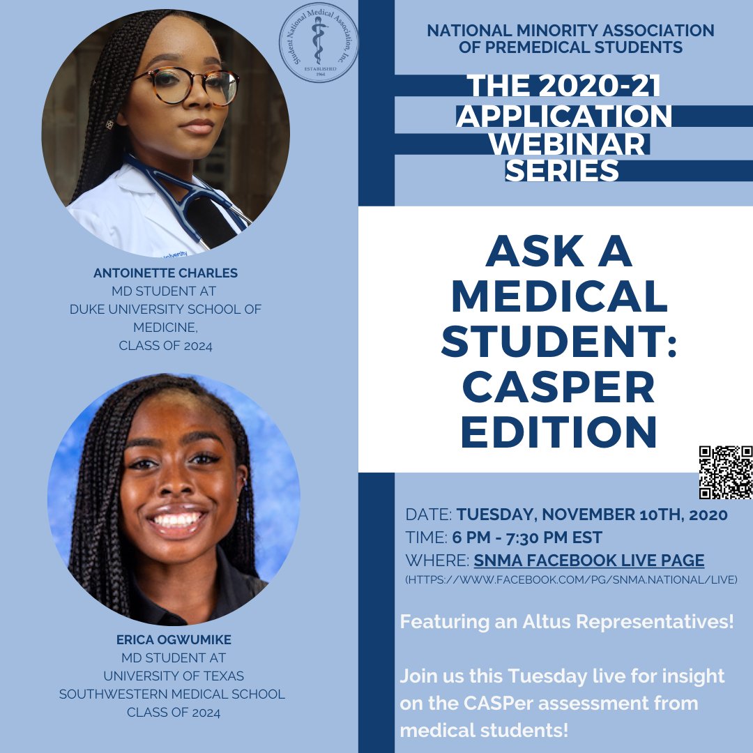 SNMA_MAPS's tweet image. This Tuesday, November 10 from 6:00pm until 7:30pm EST we will be hosting a webinar covering CASPer! Please join us for an official presentation from  Altius Assessments and get your questions answered during the Q&amp;amp;A session with M1s Antionette and Erica! See you there!#SNMAMAPS