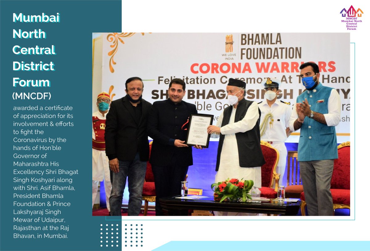 MNCDFbombay's tweet photo. #MNCDF is proud to share Felicitation by Hon'ble @maha_governor His Excellency @BSKoshyari , @Asifbhamlaa & Prince @lakshyarajmewar of Udaipur at Raj Bhavan, Mumbai for our efforts & contribution in combating d Covid Pandemic. We were represented by our founder Advocate Karnani. https://t.co/s2vCNcPShT