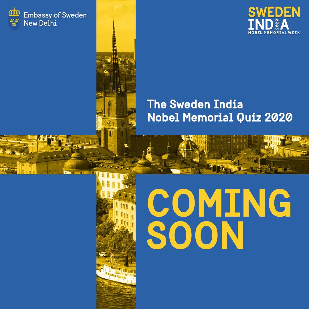 SwedeninIndia's tweet photo. ATTENTION QUIZZERS! Your favourite #TheSwedenIndiaNobelMemorialQuiz is back!! In an all-new digital avatar for the new normal.
Stay tuned in for details!
#quiz #quiztime #swedenquiz #nobel #sinmq #sinmw #studentquiz #Swedenindia https://t.co/kwbgd7oFdP