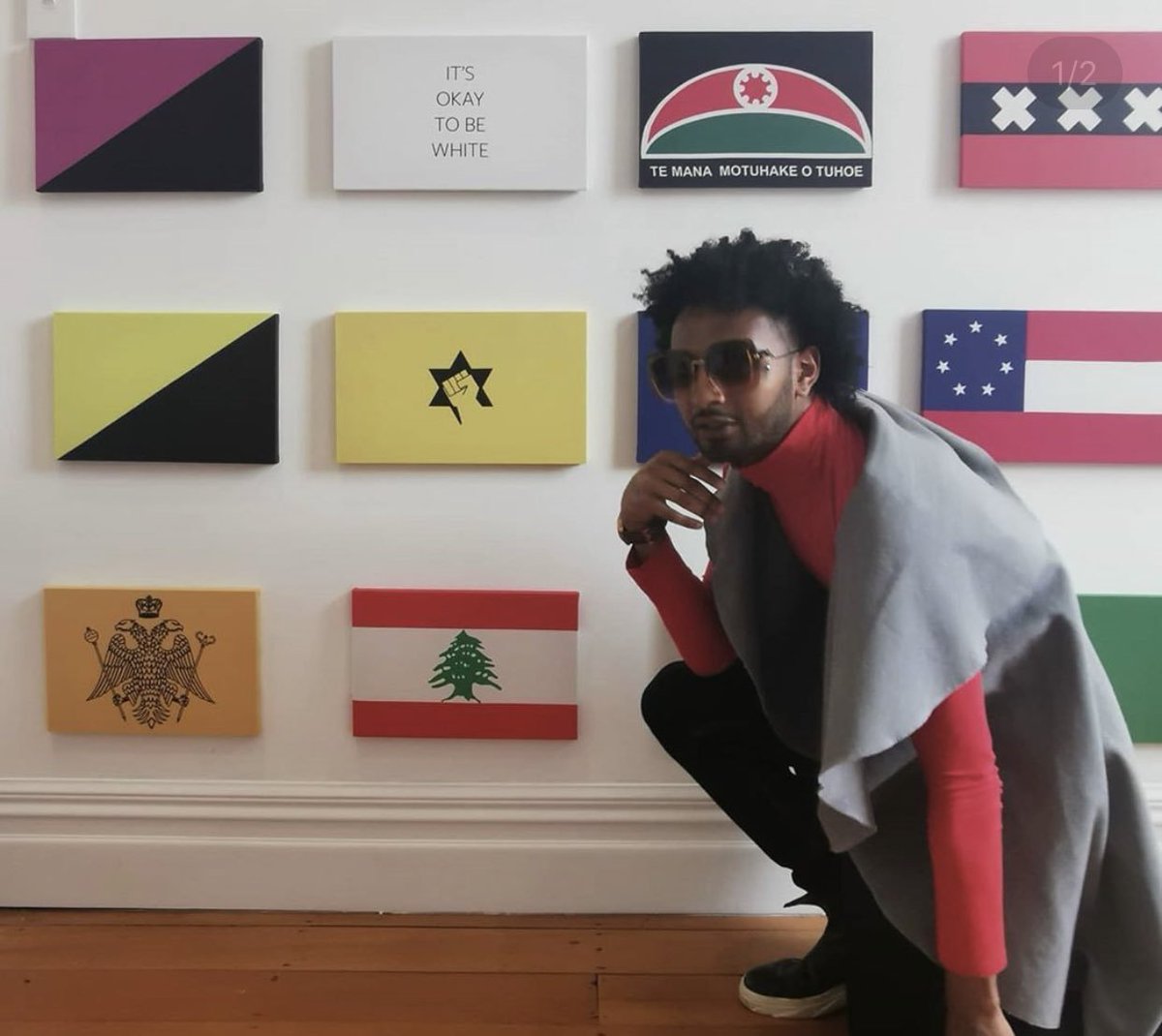 3 Inside Mercy Pictures, the Tino Rangatiratanga banner, which has flown over so many hikoi & occupations, has been placed beside the emblem Brenton Tarrant drew on the gun he used in Christchurch. The flag of the Tuhoe people sits next to the slogan 'It's Okay to be White'.