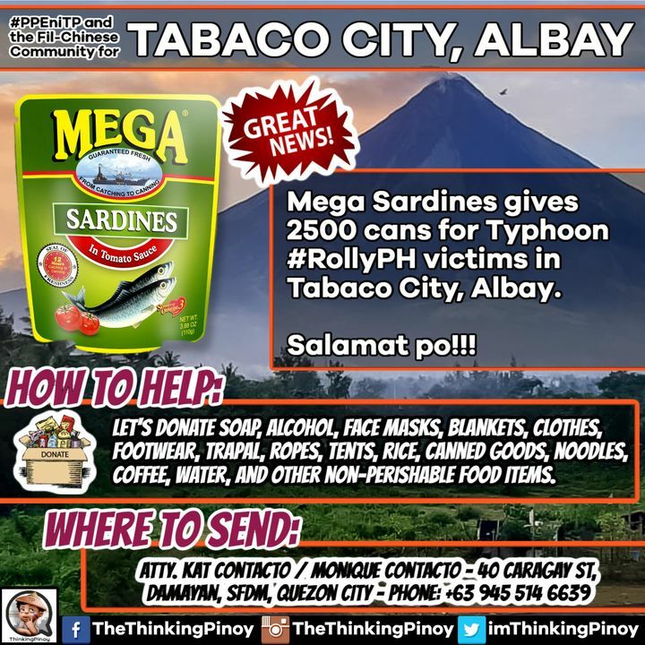 MARAMING SALAMAT PO SA MEGA SARDINES! <3

Mega Sardines gives 2500 cans for Typhoon #RollyPH victims in Tabaco City, Albay. 

Maraming salamat po!!!

LET'S HELP BICOL!!! ❤️❤️❤️

Typhoon Rolly devastated Albay. Thousands of poor Bicolano families are now … facebook.com/TheThinkingPin…