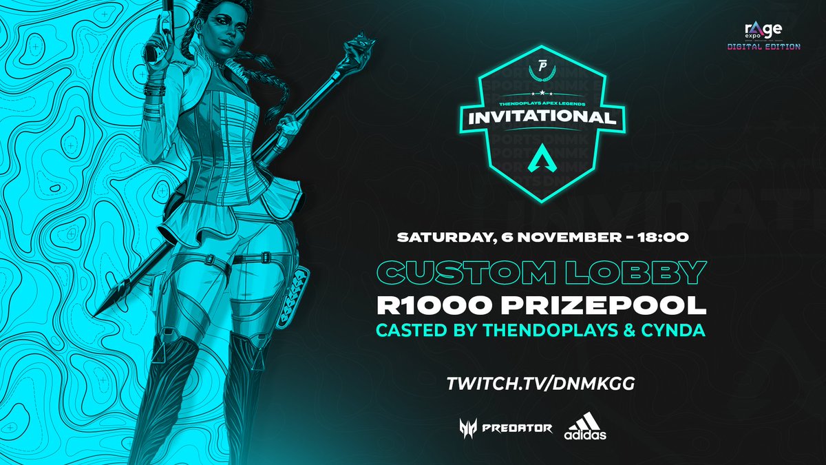 ThendoPlays's tweet photo. Introducing The ThendoPlays Apex Legends Invitational for #rAgeExpo2020
Featuring some of ZAs best content creators and players, duking it out to be crowned the Invitational Champion👑
6PM Today
If you've been invited lemme see you make some noise🔥
Powered by @PredatorAfrica https://t.co/IDL6HoqQKn