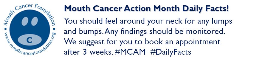 MouthCancerMCF's tweet photo. You should feel around your neck for any lumps and bumps. Any findings should be monitored. We suggest for you to book an appointment after 3 weeks. #MCAMMCF #DailyFacts https://t.co/hy7e7w9J9A