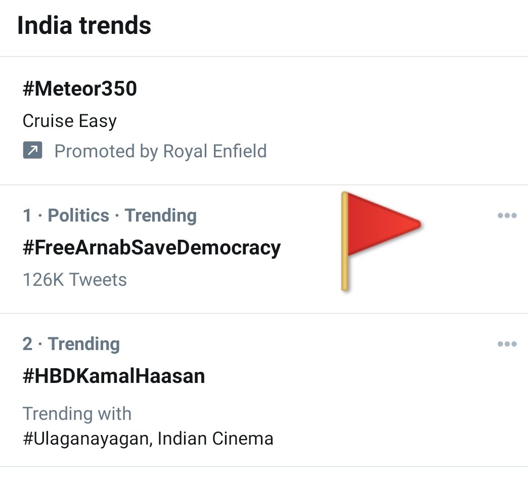Aadiyogii07's tweet photo. #FreeArnabSaveDemocracy

We are trending at NO. 1💯

Keep this going, they have to release Arnab today. https://t.co/xDQXAMITlM