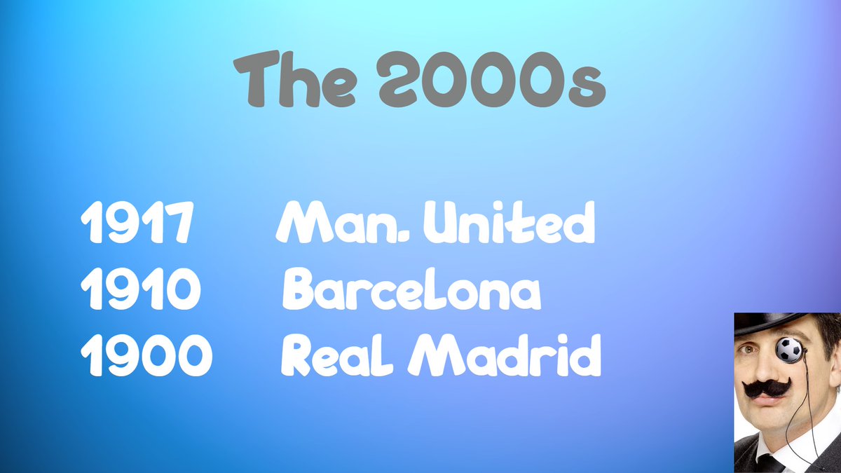 The first decade of the new millenium was dominated by Manchester United, followed by the Spanish giants Barcelona and Real Madrid.