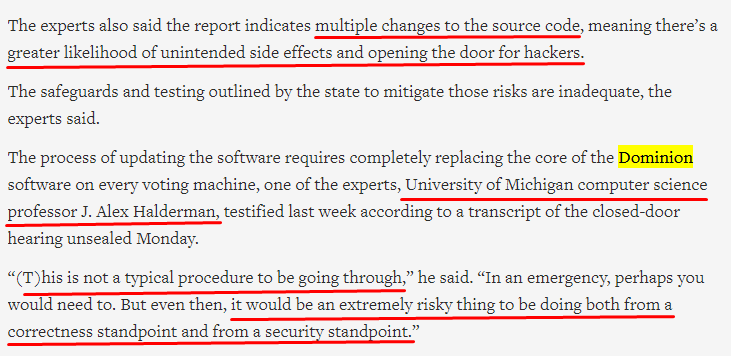 11/ October 7, 2020With time short, judge mulls Georgia voting system changes.“The experts said the report indicates multiple changes to the source code, meaning there’s a greater likelihood of unintended side effects & opening the door for hackers.” https://apnews.com/article/technology-senate-elections-georgia-elections-voting-machines-6a6be19f168a719e68c107c7426df9f3