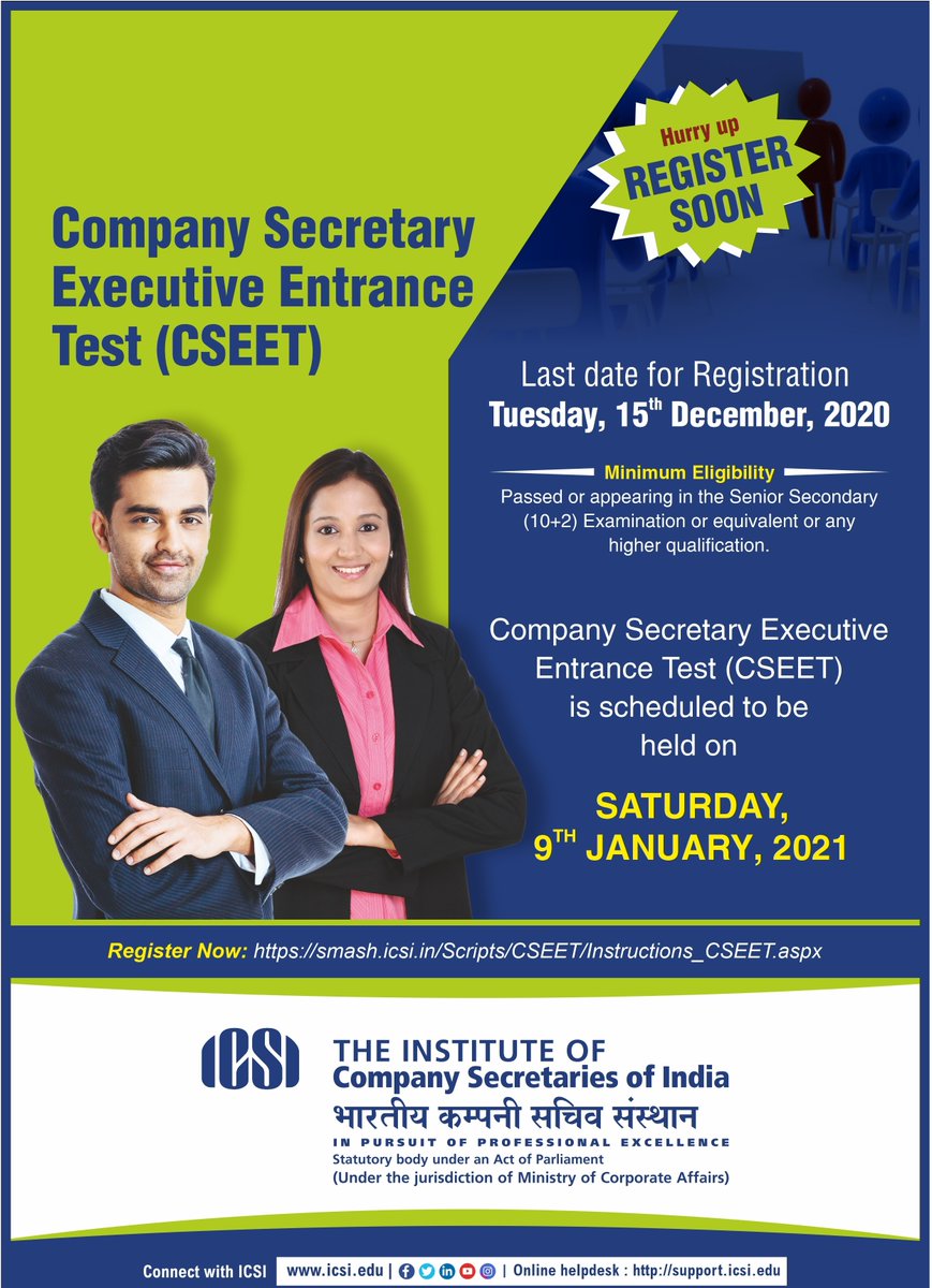icsi_cs's tweet photo. #CSEET - Mandatory qualifying test for registering to #CompanySecretaryCourse Last Date to Register for #CSEET - 15th December, 2020 #CS #ICSI #csashishgarg https://t.co/Ll7L5DTvyJ