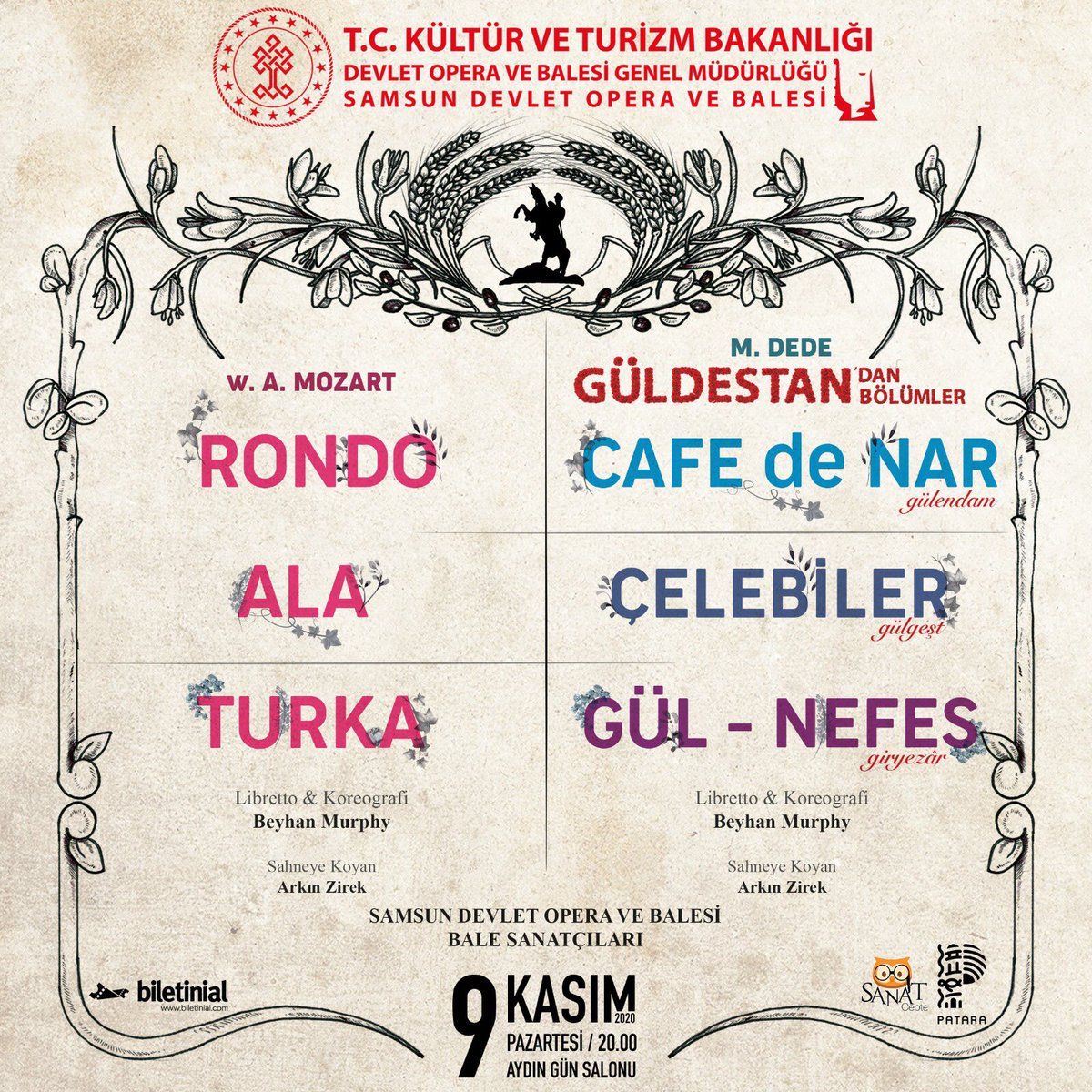 operabalesamsun's tweet photo. Çok sevilen “Rondo Ala Turka” ve “Güldestan” bale eserinden bölümler 7-9 Kasım 2020 akşamları saat 20.00’da SAMDOB sahnesinde.
Sınırlı sayıdaki biletler https://t.co/iWvxBMMNos internet sitesinden ve Samsun Devlet Opera ve Balesi gişelerinden temin edilebilir.
#SAMDOB #Bale https://t.co/YBy5hY2A2b
