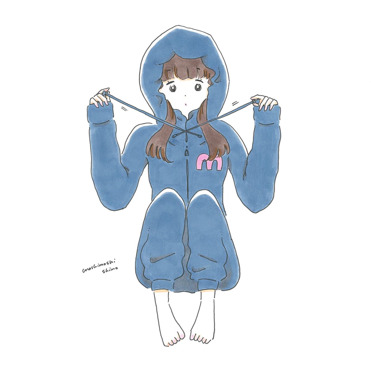 子供の頃 寒い時はよくフードの紐を限界まで引っ張って遊んでたことを思い出して描き もしもししものイラスト
