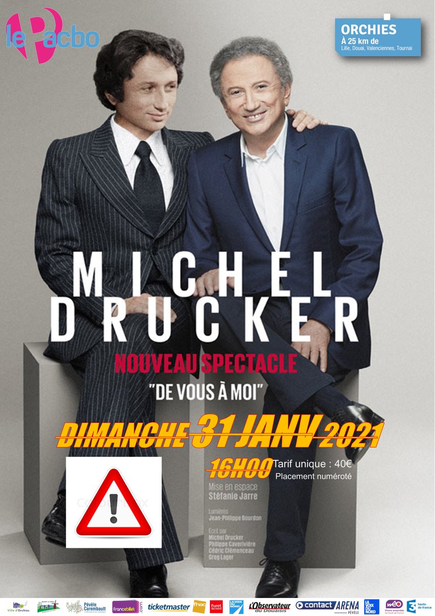 LePacbo's tweet photo. Michel DRUCKER actuellement en convalescence suite à une intervention chirurgicale n'est pas en mesure de maintenir son spectacle au PACBO le 31/01/21. Nous publierons bientôt une date de report. Les places achetées pour le 31/01 seront évidemment valables pour la nouvelle date. https://t.co/1TLXgF0Jtw