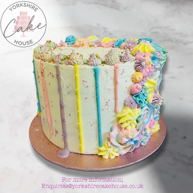 HouseYorkshire's tweet photo. Looking at this cake makes me smile, it’s 3 layers of gluten free sponge covered in multicoloured buttercream swirls ☺️ #yorkshirecakehouse #glutenfreecake #celebrationcake #birthdaycake #glutenfreebirthdaycake #rotherham #sheffield #deliciouscake #buttercreamcake @HouseYorkshire https://t.co/tvJN1Scgsh