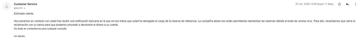 VidaRoger's tweet photo. Lamentable servicio de @travelgenio. 6 meses esperando que nos devuelvan el dinero porque cancelaron nuestro vuelo a NY, sin coger el teléfono ni una sola respuesta a mis mails y en cuanto reclamo al banco tardan 2 días en mandarme esto @travel2bESTAFA @TravelgenioS @Travel2be https://t.co/9RMoq6uR9u