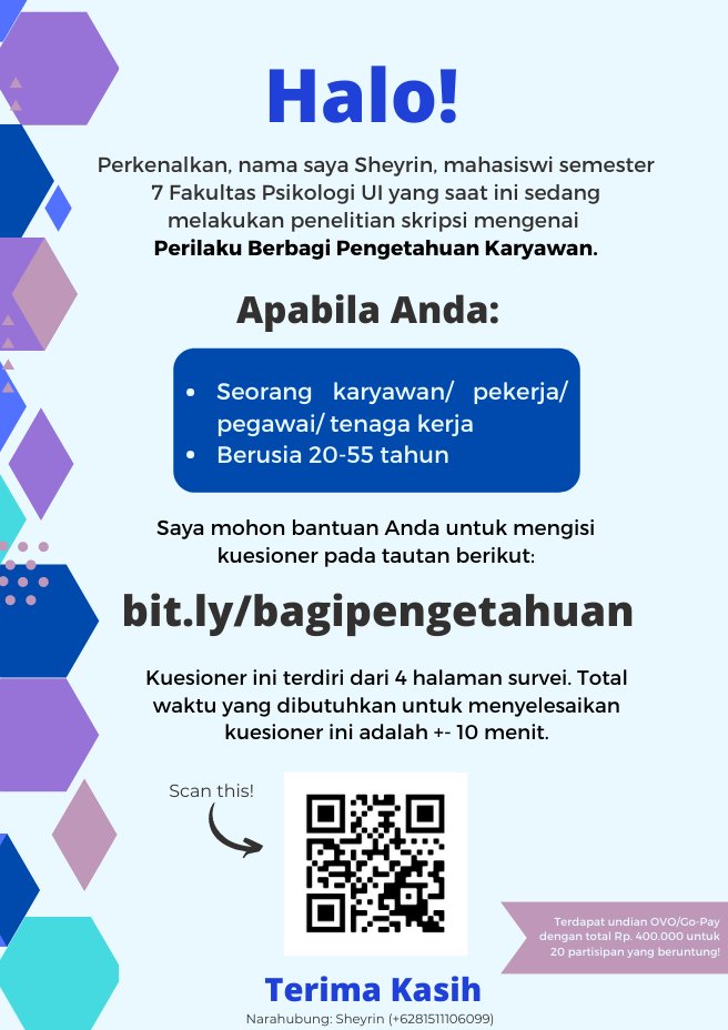 sheyrinputri's tweet photo. Halo! perkenalkan saya Sheyrin, mahasiswa tingkat akhir Fakultas Psikologi UI dan saya membutuhkan bantuan Anda. Apabila Anda sesuai dengan kriteria di poster, mohon bantuannya untuk mengisi kuesioner berikut: https://t.co/v6mYy6UnHQ
Terima kasih. Partisipasi Anda sangat berarti! https://t.co/yed2Mw8kgu