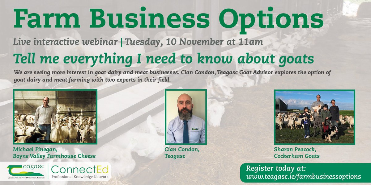 Don’t miss our <a href="/teagasc/">Teagasc</a> Farm Business Options Zoom webinar on goats this coming Tuesday at 11am. Very lucky to have Michael Finegan of <a href="/Boynevalleyblue/">Boyne Valley Cheese</a> and Sharon Peacock of <a href="/Cockerhamgoats/">sharon peacock</a> joining us. More details below