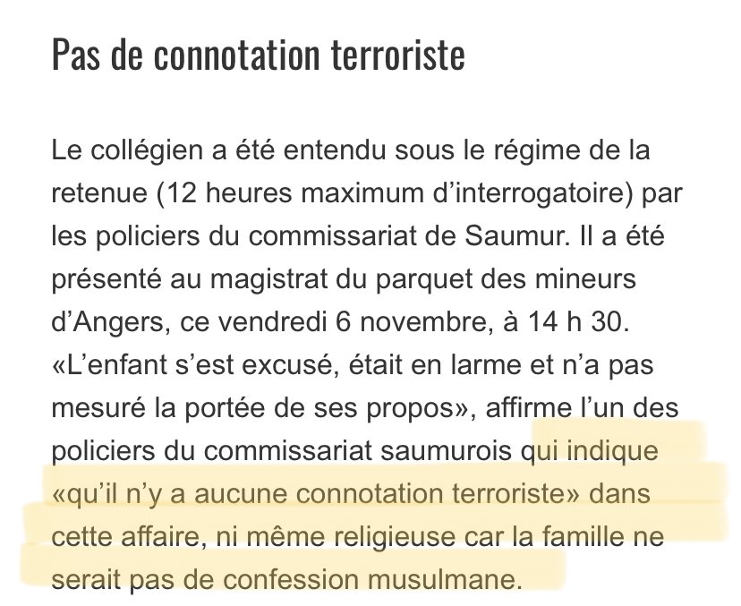 Saumur (même cas, suite).Novembre 2020. Sur le cas de l’enfant de 11 ans déféré au parquet pour avoir menacé son professeur : d’après le commissariat, il n’y aurait pas de « connotation terroriste » ni même « religieuse  puisque l’enfant n’est pas...musulman.Ah, d’accord.