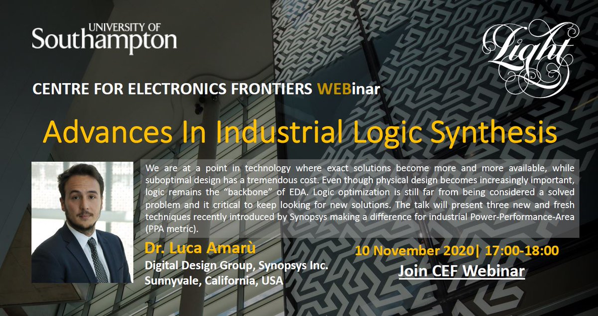 CElFrontiers's tweet photo. Very excited for the next #CEFSeminar with Dr Luca Amaru from @synopsys
Join us on Tuesday 10th November at 17.00!
πππ
https://t.co/ha8DflGqd7 https://t.co/B3c4rkRUdn
