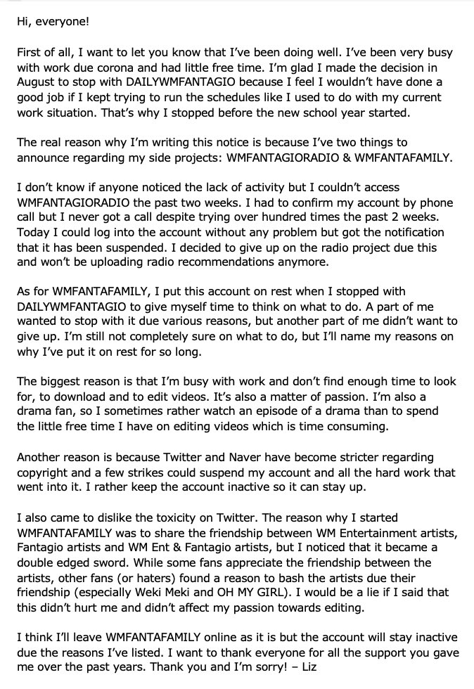 DAILYWMFANTAGIO's tweet photo. [#WMENTFANTAGIO] 201107
Notice regarding #WMENTFANTAGIORADIO &amp; #WMENTFANTAGIOFAMILY. I want to thank everyone for all the support you gave me over the past years. Thank you and I’m sorry! – Liz https://t.co/A2djnN3WG1