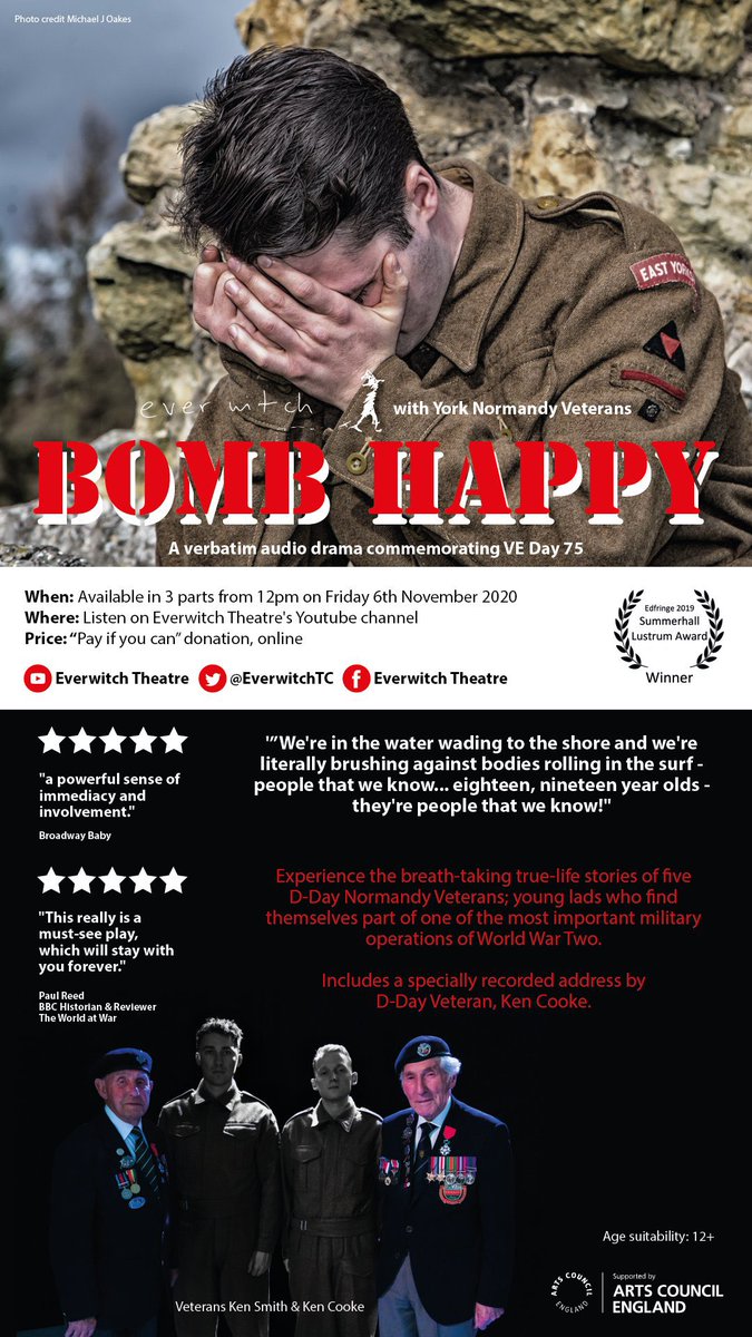 ertheatre's tweet image. 📣 Shout out to @EverwitchTC  📣

They've just released 'Bomb Happy', an audio drama commemorating VE Day that includes a very special recorded address by D-Day Veteran, Ken Cooke.

Watch it at: bit.ly/2GlrteV

#VEDay #BombHappy