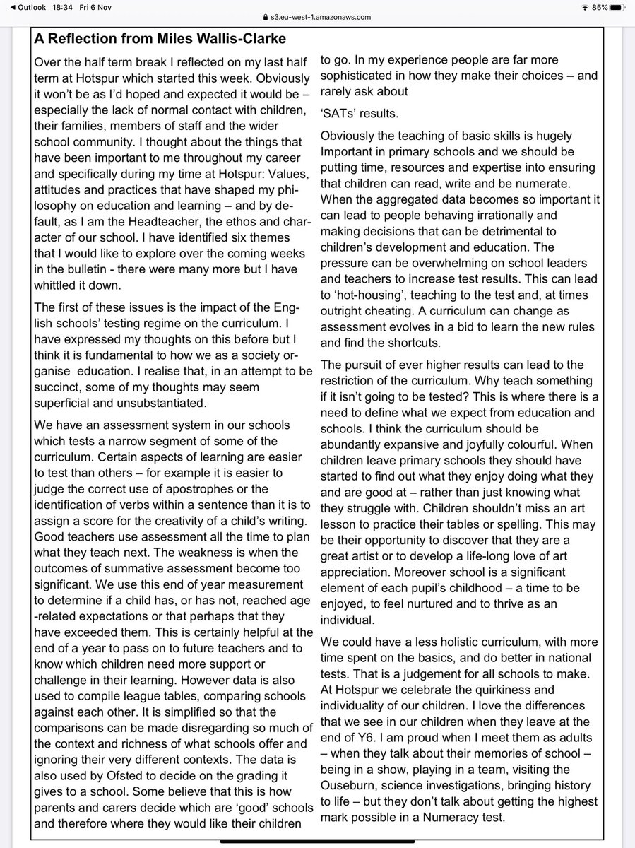 HotspurPrimary's tweet photo. The first bulletin theme from our headteacher as he prepares to leave headship after 30 years of teaching. The impact of the English testing regime on the curriculum. https://t.co/KdFsESeymO