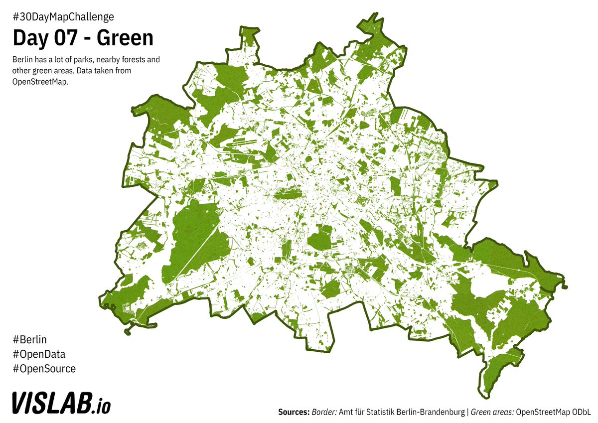 Day 7 of  #30DayMapChallenge : Green. All the green bits of Berlin from forests to parks to allotments, Berlin has a lot to offer. Data from  @openstreetmap Code:  https://github.com/sebastian-meier/ThirtyDayMapChallenge2020/tree/main/maps/07