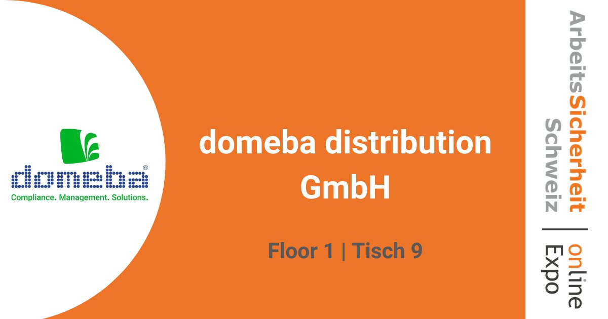 +++ Aussteller: Domeba +++

Auf der Online Expo finden Sie den Aussteller: Floor 1 I Tisch 9

Sichern Sich sich jetzt Ihr Ticket: ow.ly/xpuq50CdoLj

Die Teilnahme ist kostenlos!

#ArbeitsSicherheitSchweiz #Arbeitsschutz #Arbeitssicherheit #BGM #HSE